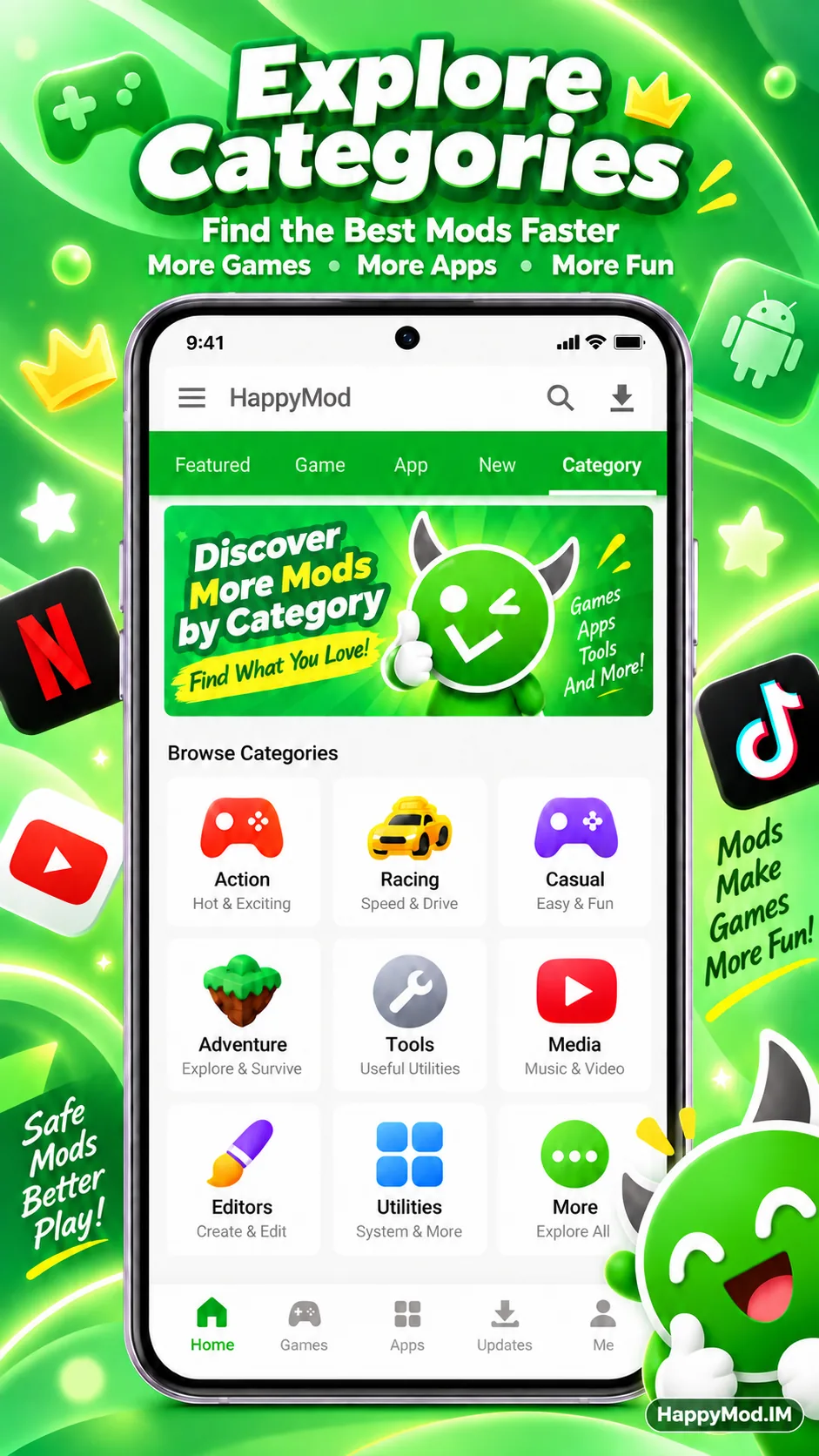 Tela de categorias do HappyMod no Android